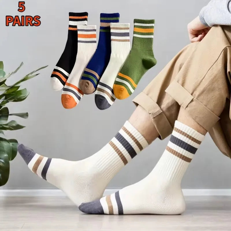 5 Pairs Men's Colorful Striped Casual Socks, Fashionable Sports Socks, Sweat Absorbing And Breathable, Suitable For All 2030