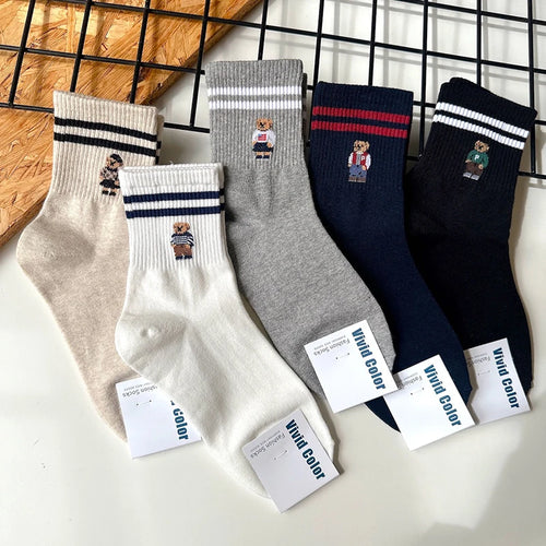 15 Pairs Total/ 3 Pairs of Socks of Each Color Good Quality Cartoon Elegant Lady Bear Women's  Cute Socks Cotton Style Woman